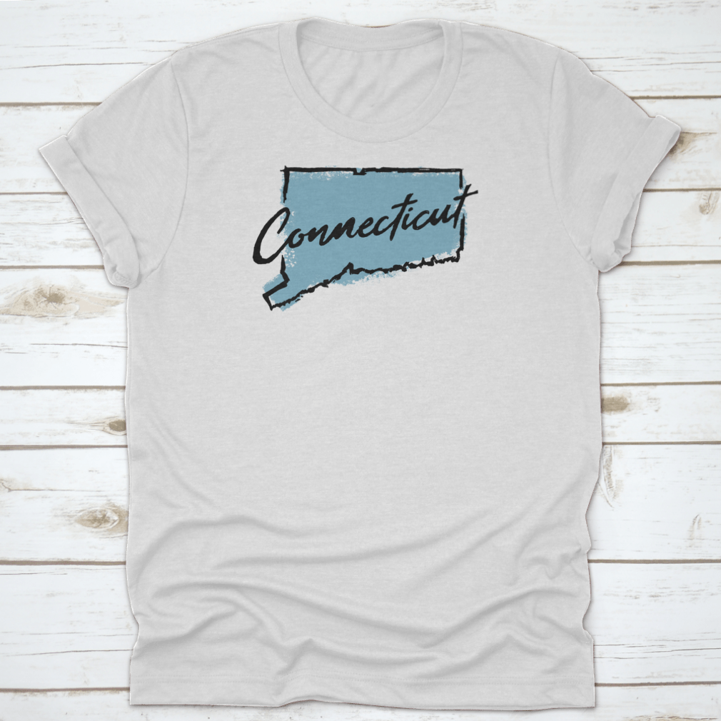 Hand drawn textured design of the map of Connecticut on a cotton t-shirt, showcasing intricate details and artistic flair.