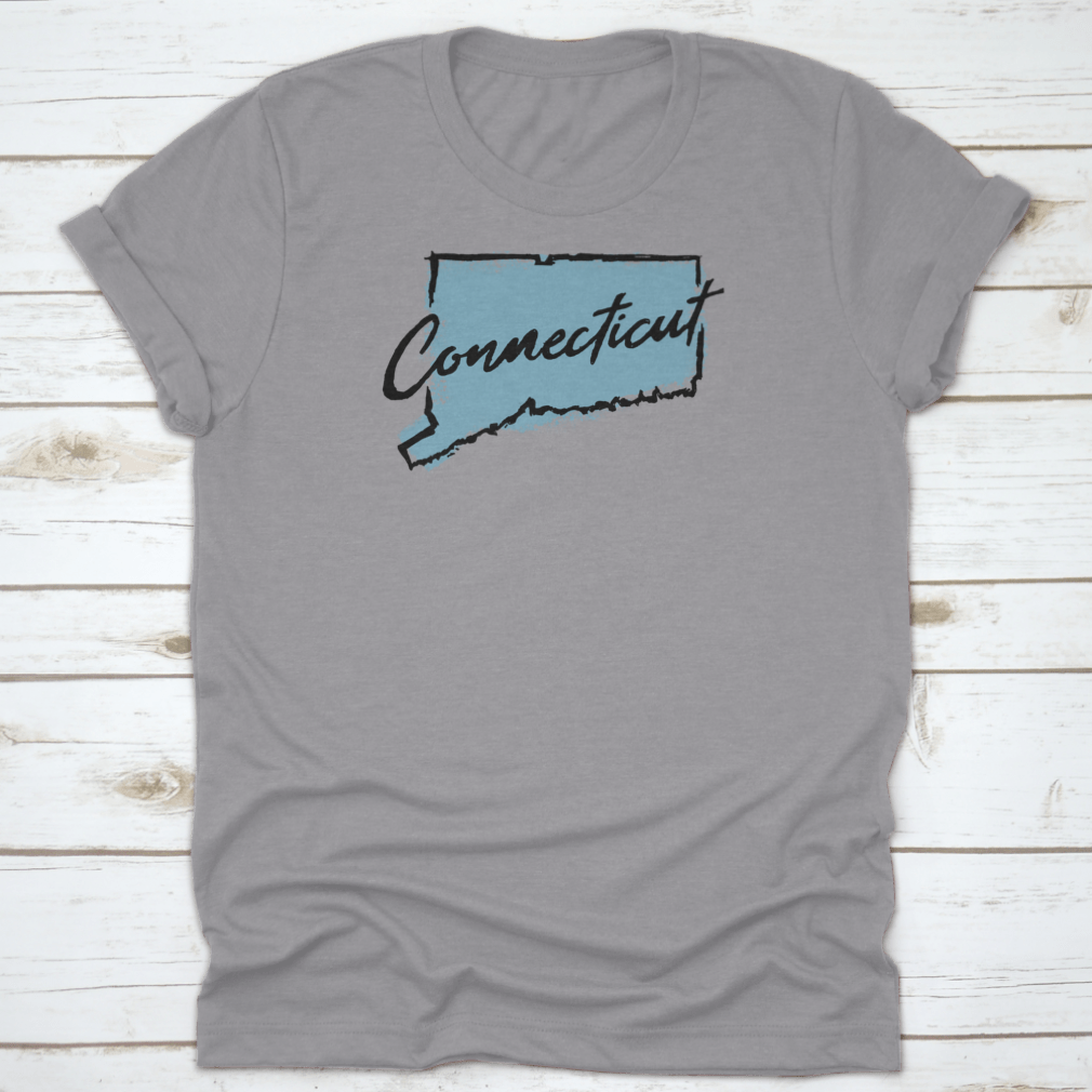 Hand drawn textured design of the map of Connecticut on a cotton t-shirt, showcasing intricate details and artistic flair.