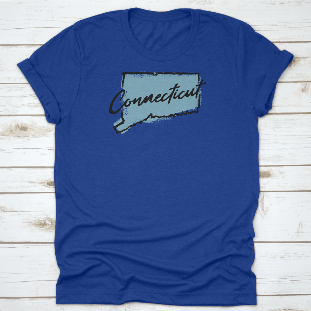 Hand drawn textured design of the map of Connecticut on a cotton t-shirt, showcasing intricate details and artistic flair.