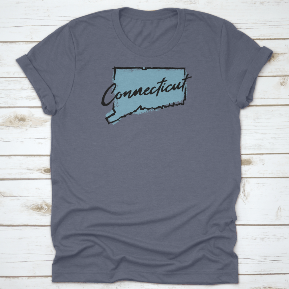 Hand drawn textured design of the map of Connecticut on a cotton t-shirt, showcasing intricate details and artistic flair.