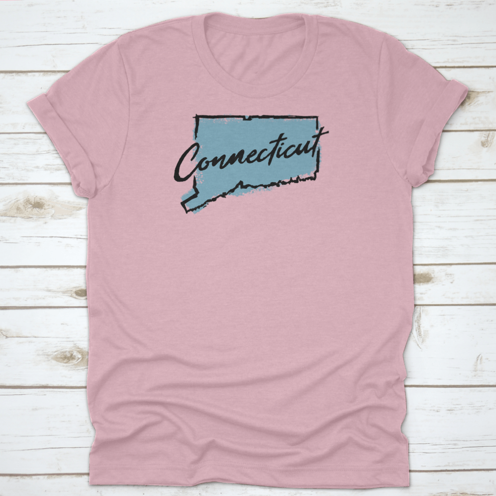 Hand drawn textured design of the map of Connecticut on a cotton t-shirt, showcasing intricate details and artistic flair.