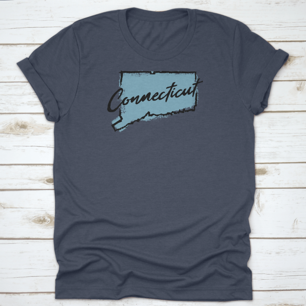Hand drawn textured design of the map of Connecticut on a cotton t-shirt, showcasing intricate details and artistic flair.