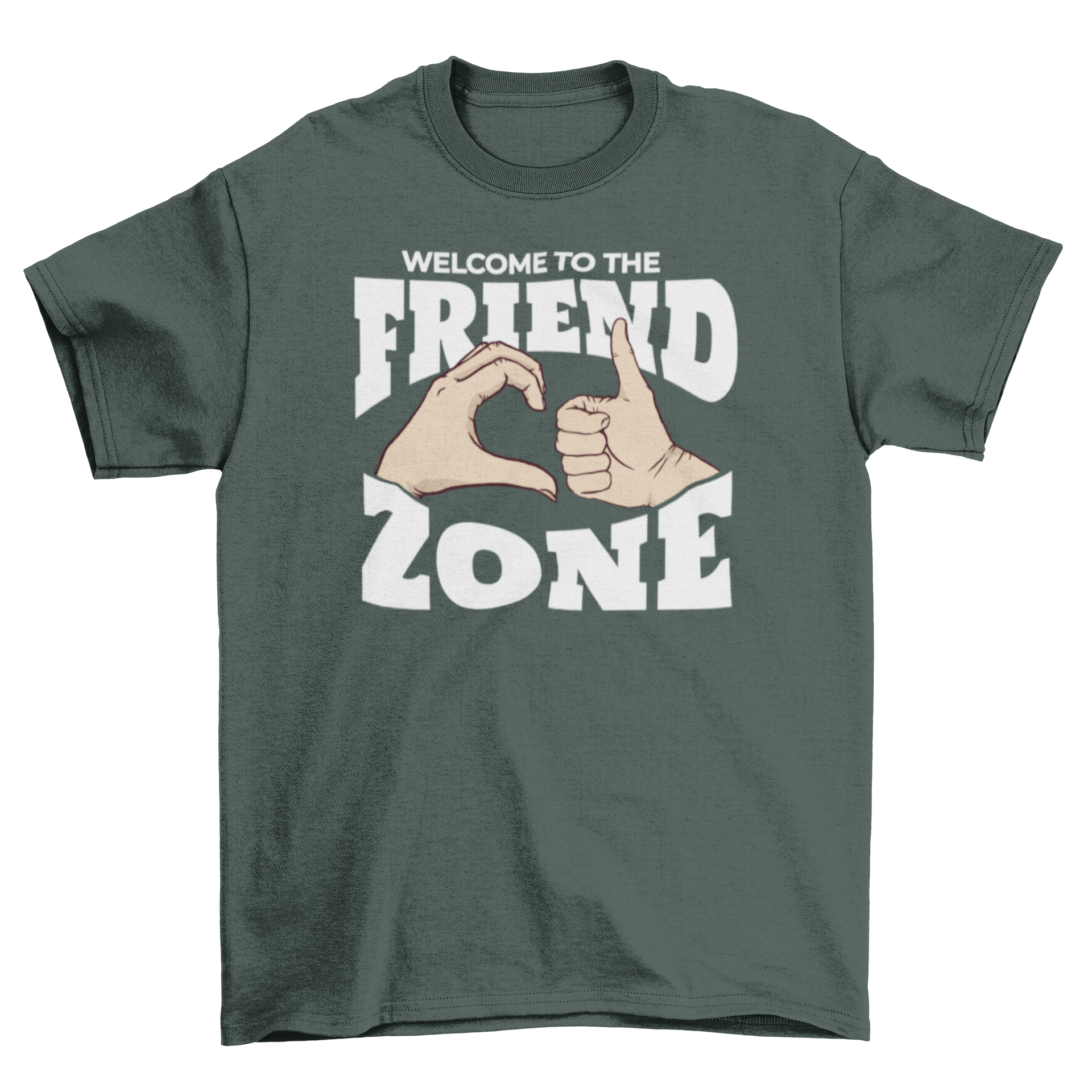 A fun t-shirt featuring a hand making a half heart and another hand giving a thumbs up, with the quote 'Welcome to the friendzone'.