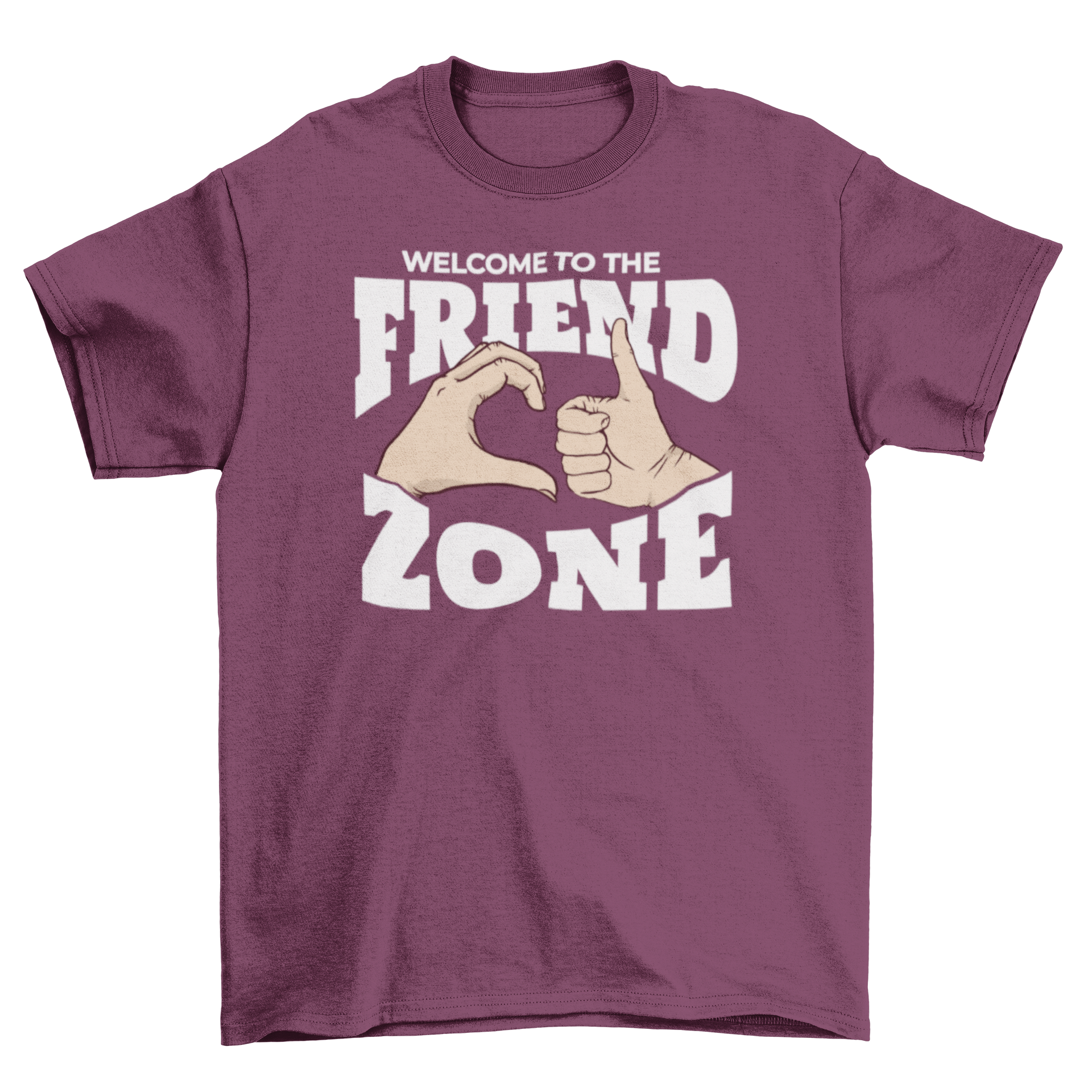 A fun t-shirt featuring a hand making a half heart and another hand giving a thumbs up, with the quote 'Welcome to the friendzone'.