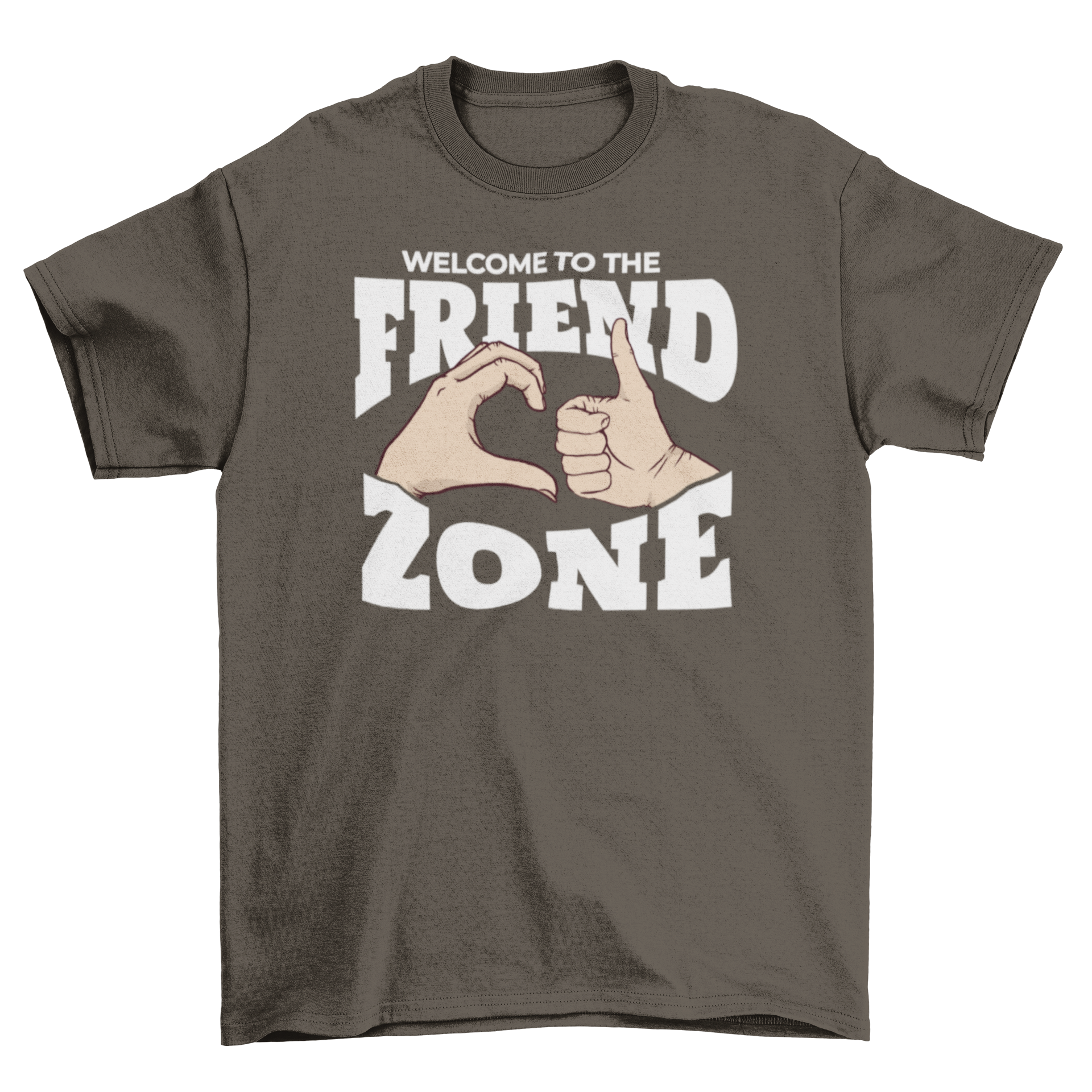 A fun t-shirt featuring a hand making a half heart and another hand giving a thumbs up, with the quote 'Welcome to the friendzone'.