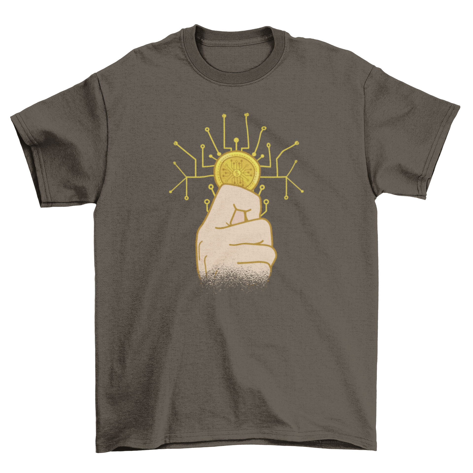 A stylish t-shirt featuring a hand holding a cryptocurrency coin symbol, perfect for crypto enthusiasts.
