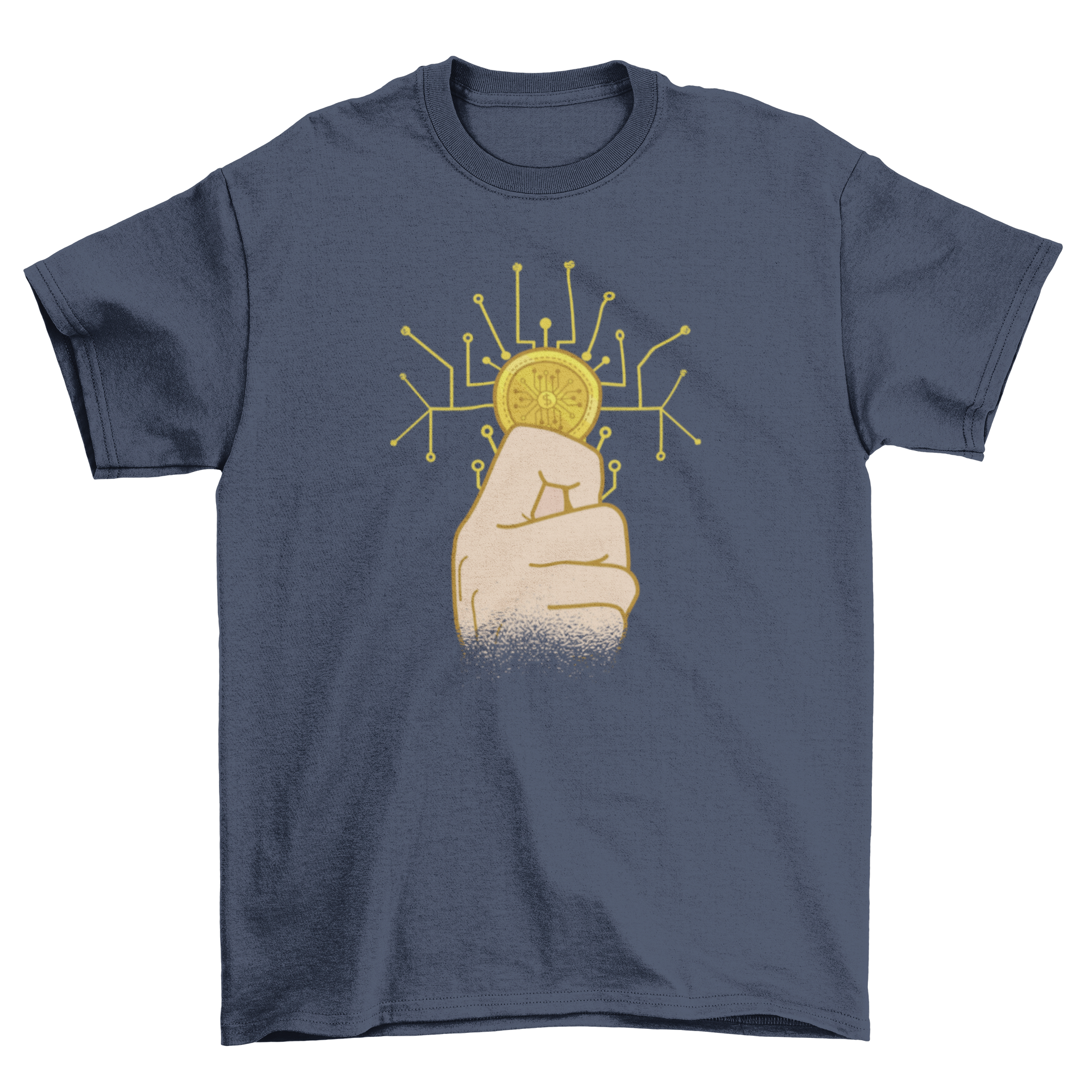 A stylish t-shirt featuring a hand holding a cryptocurrency coin symbol, perfect for crypto enthusiasts.
