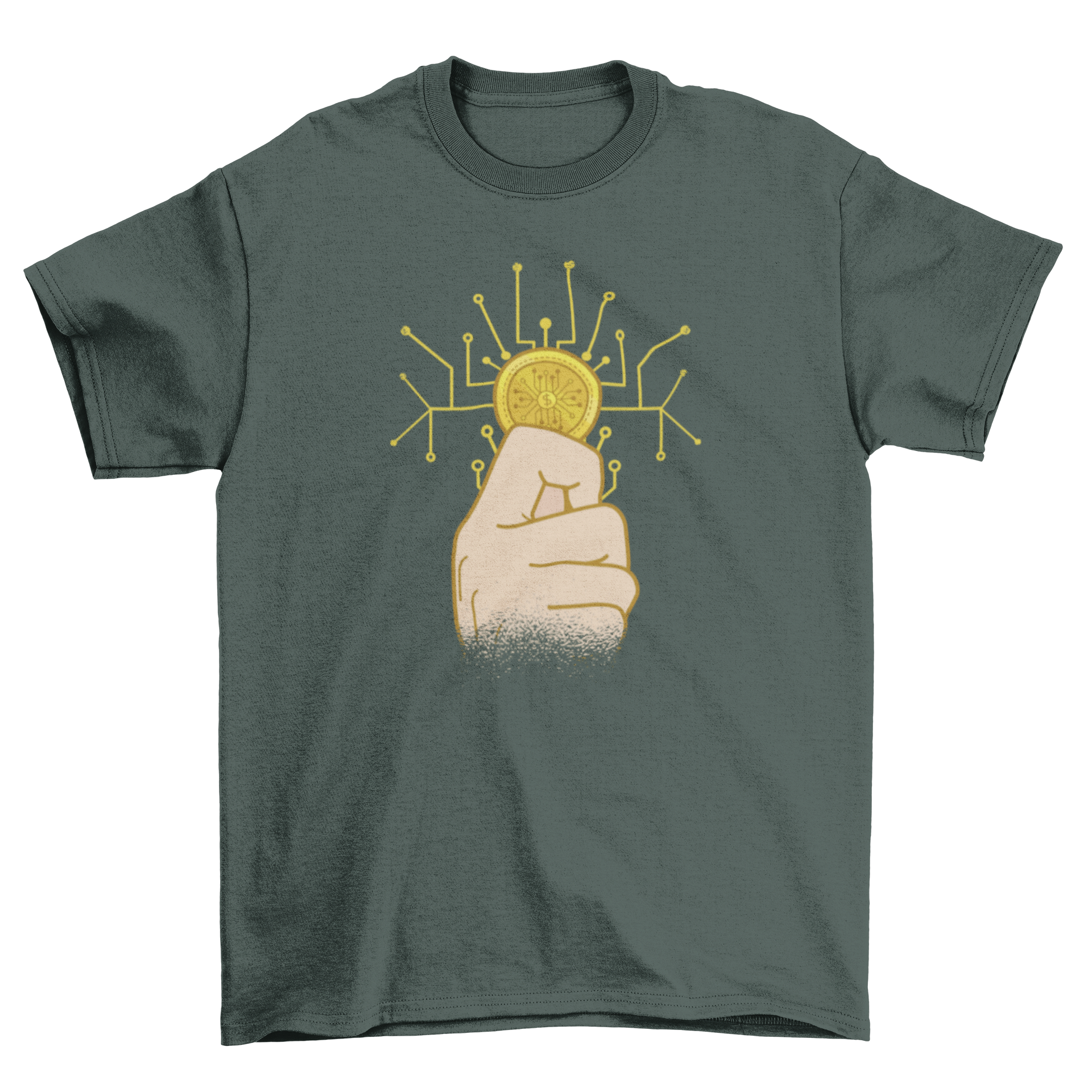 A stylish t-shirt featuring a hand holding a cryptocurrency coin symbol, perfect for crypto enthusiasts.