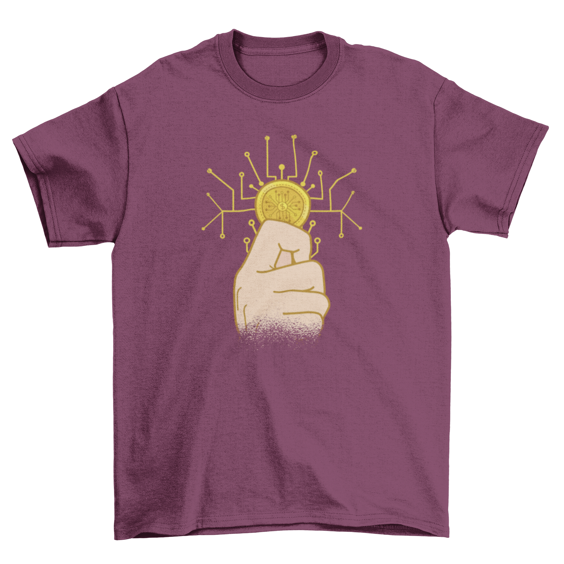 A stylish t-shirt featuring a hand holding a cryptocurrency coin symbol, perfect for crypto enthusiasts.