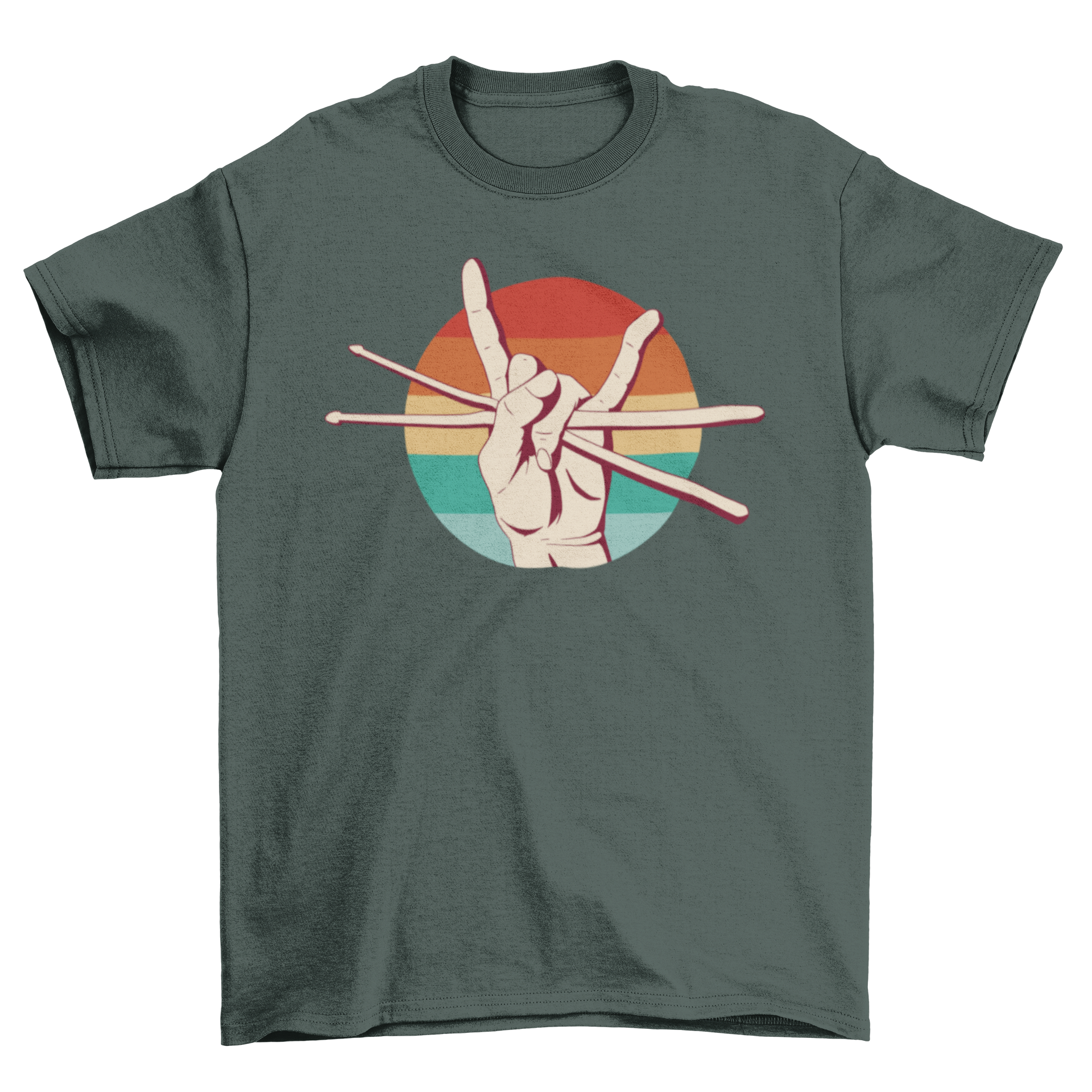 A stylish t-shirt featuring a hand holding drum sticks, perfect for music lovers and drummers.