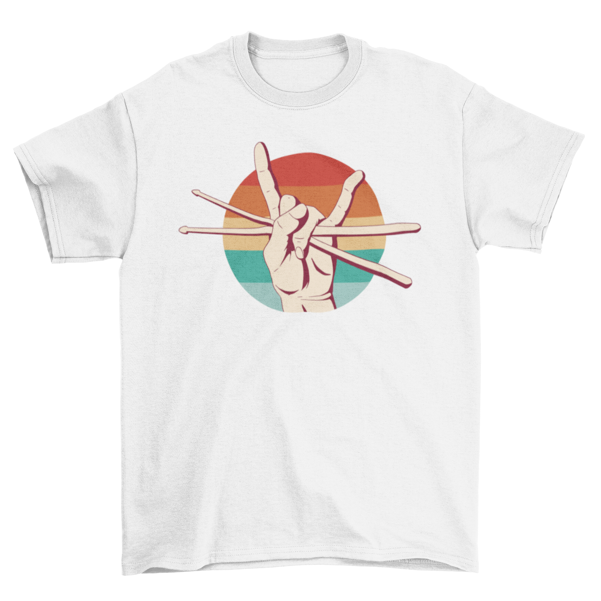 A stylish t-shirt featuring a hand holding drum sticks, perfect for music lovers and drummers.