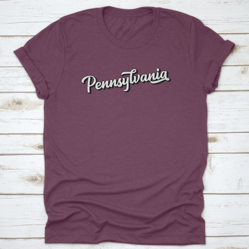 Hand sketched Pennsylvania text design featuring vintage 3D lettering on a soft cotton fabric, showcasing a unique retro style.
