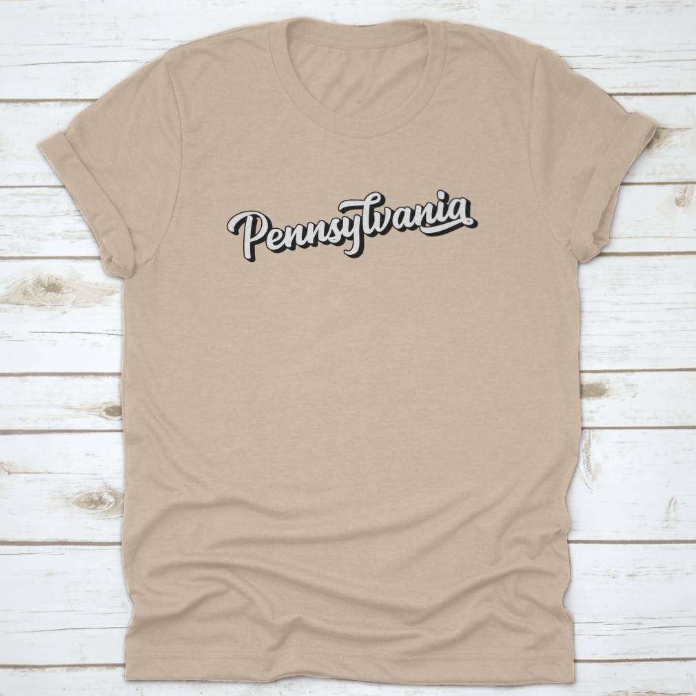 Hand sketched Pennsylvania text design featuring vintage 3D lettering on a soft cotton fabric, showcasing a unique retro style.