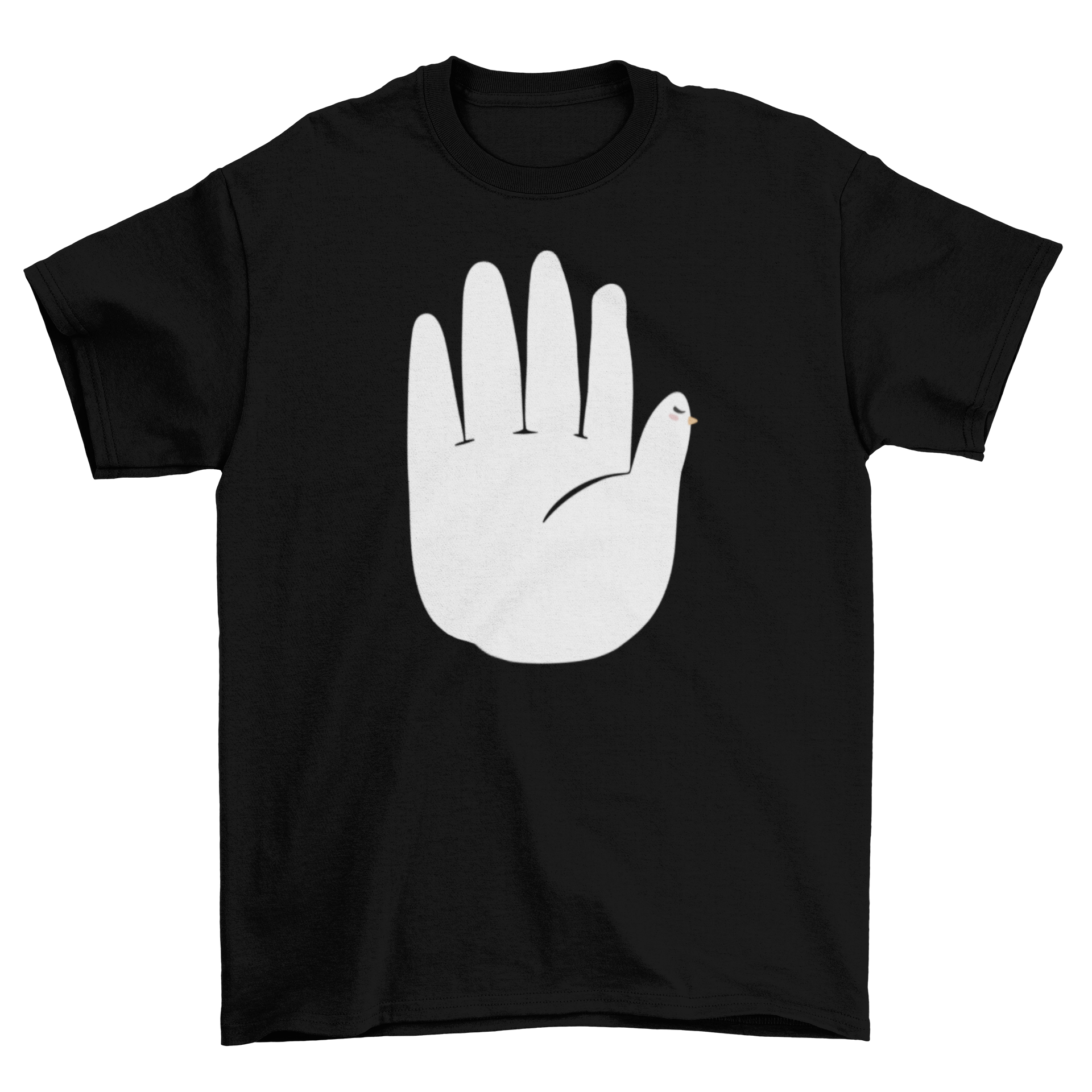 A stylish t-shirt featuring a unique design of a dove shaped like a hand, showcasing creativity and artistic expression.