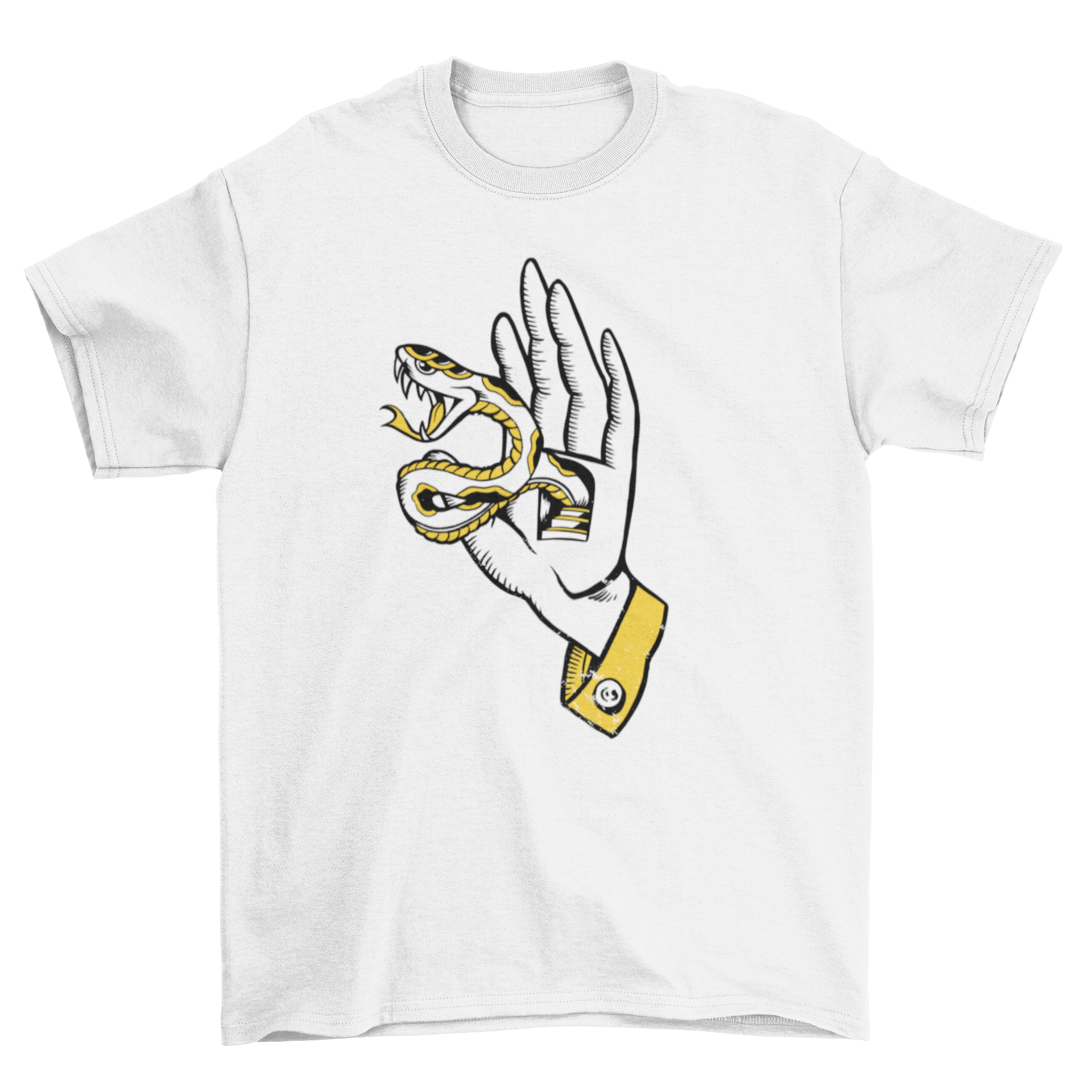 A stylish t-shirt featuring a detailed illustration of a snake emerging from a hand, showcasing a unique and bold design.