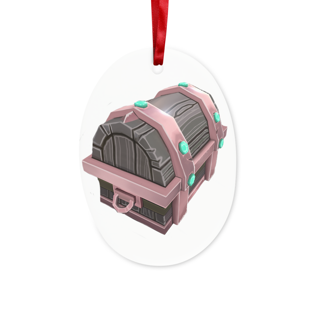 Hand-painted ceramic chest ornament with red ribbon and gold string, perfect for Christmas decoration.