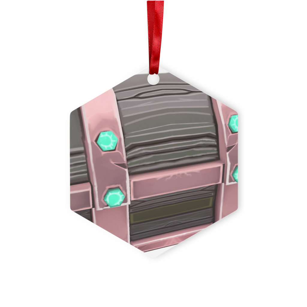 Hand-Painted Chest Metal Hanging Ornament in hexagon and star shapes, featuring a red ribbon and gold string, elegantly displayed in a white box.