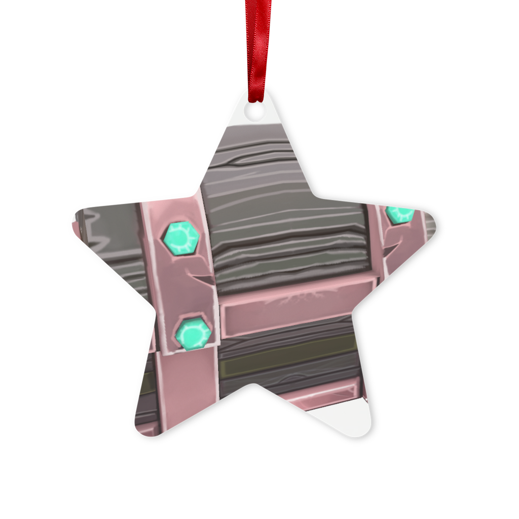 Hand-Painted Chest Metal Hanging Ornament in hexagon and star shapes, featuring a red ribbon and gold string, elegantly displayed in a white box.