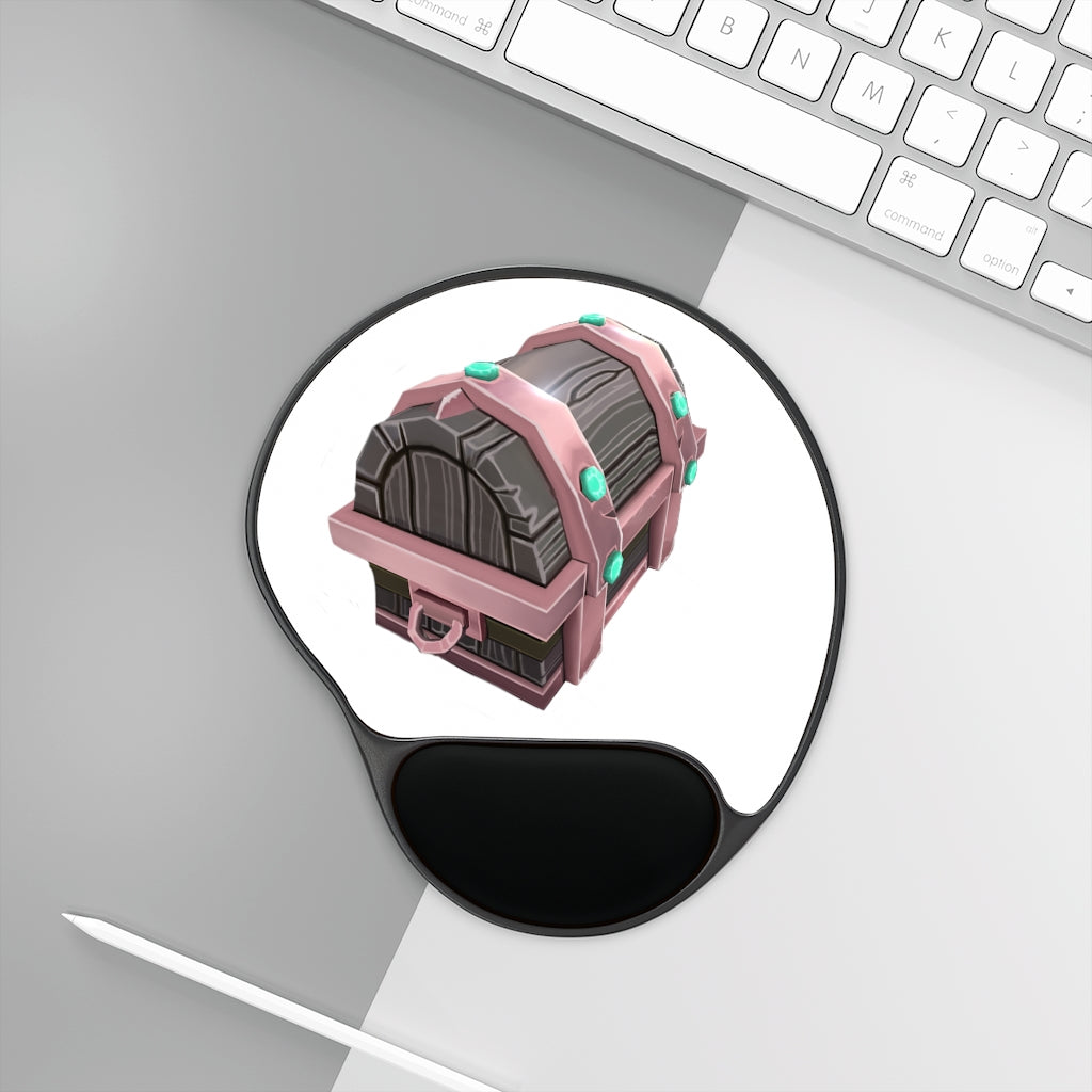 Hand-painted chest mouse pad with ergonomic wrist rest, featuring a vibrant design and a foot-shaped black plastic base.