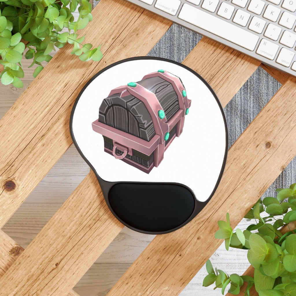 Hand-painted chest mouse pad with ergonomic wrist rest, featuring a vibrant design and a foot-shaped black plastic base.