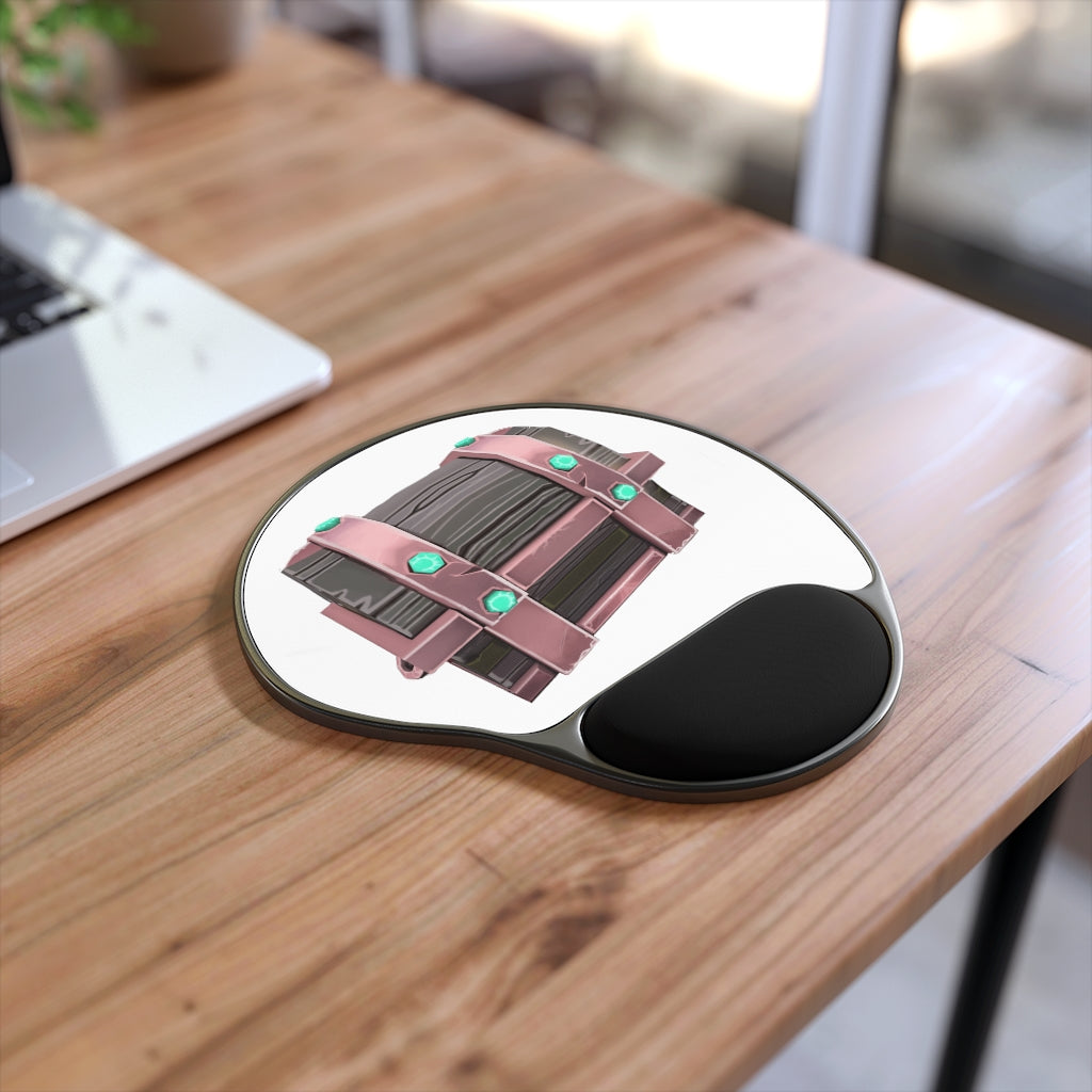 Hand-painted chest mouse pad with ergonomic Memory Foam wrist rest and semi-opaque black plastic base, featuring a unique design.