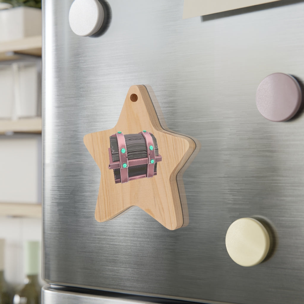 Hand-painted wooden Christmas ornaments in whimsical shapes with red ribbons, showcasing a rustic design and magnetic backs.