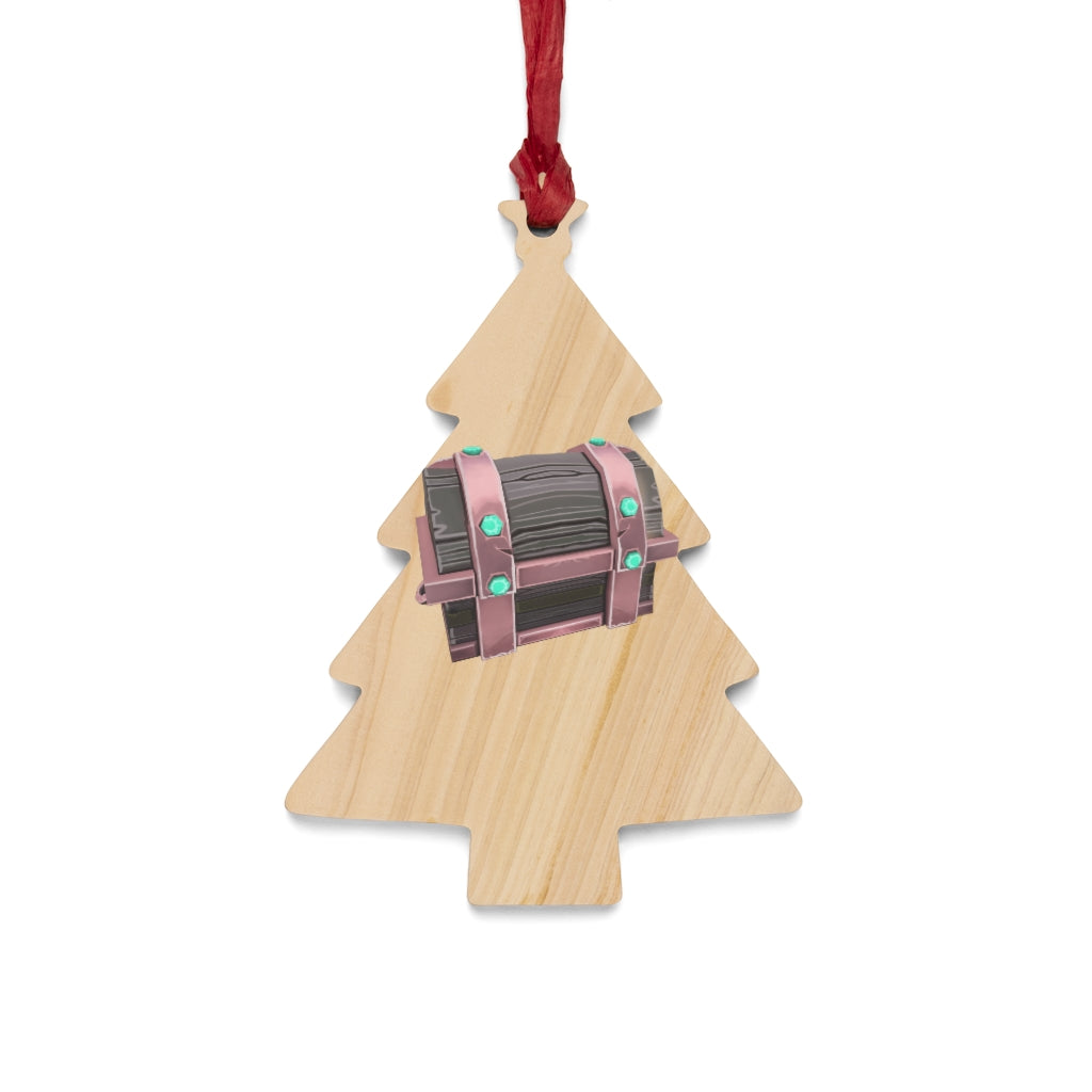 Hand-painted wooden Christmas ornaments in whimsical shapes with red ribbons, showcasing a rustic design and magnetic backs.