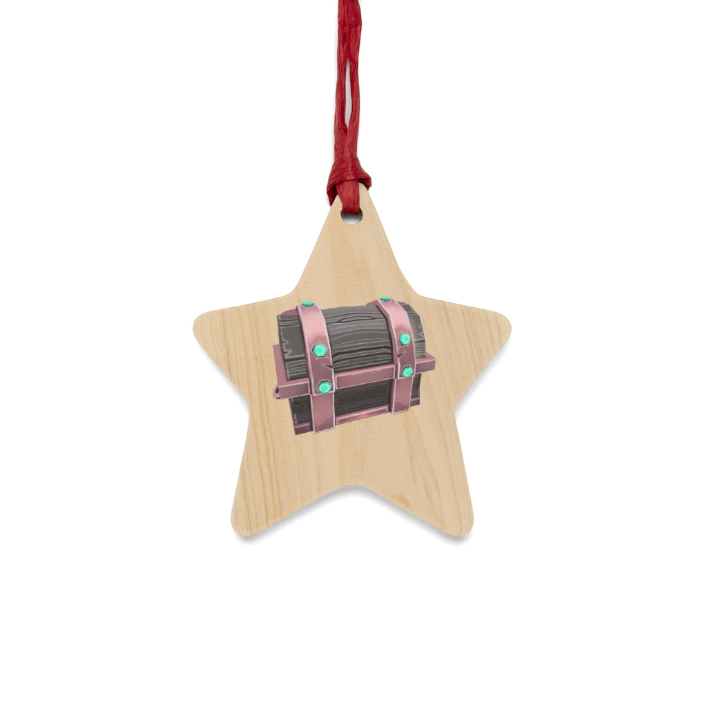 Hand-painted wooden Christmas ornaments in whimsical shapes with red ribbons, showcasing a rustic design and magnetic backs.