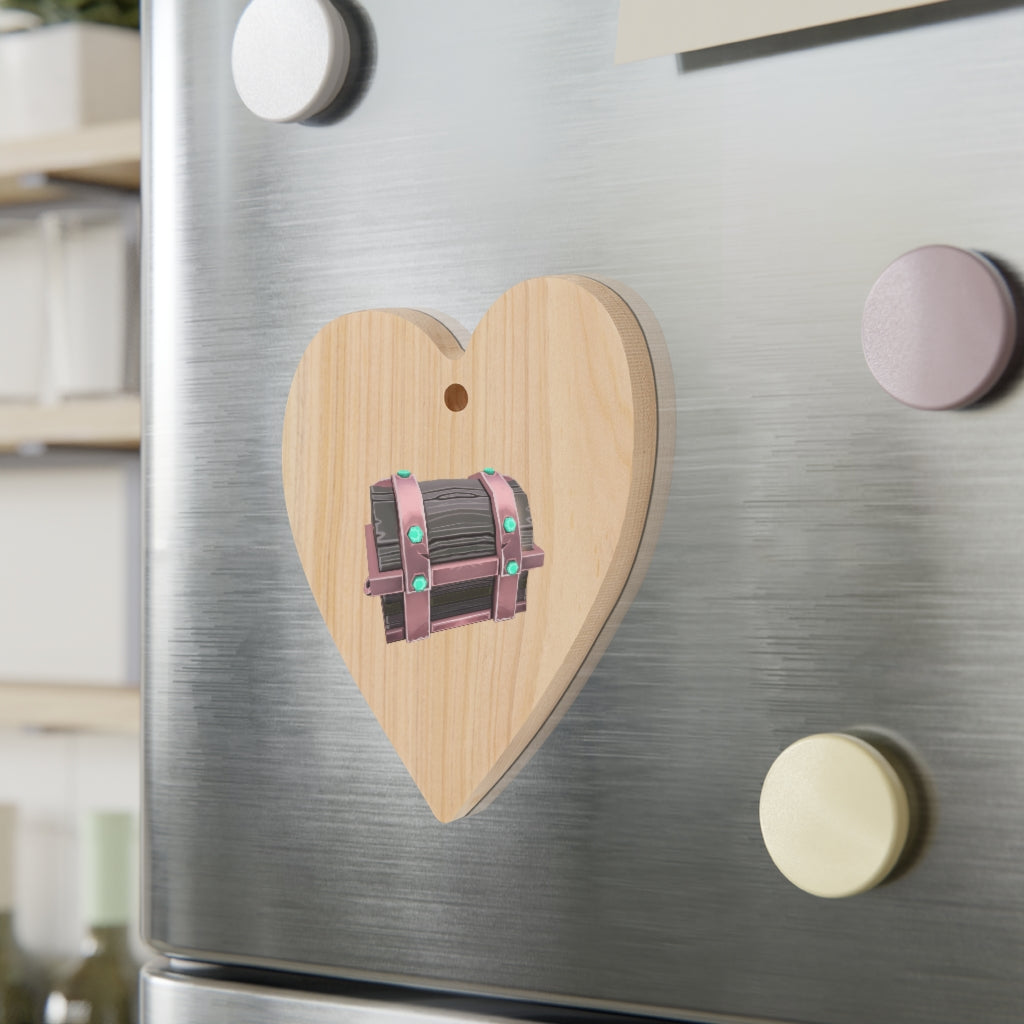 Hand-painted wooden Christmas ornaments in whimsical shapes with red ribbons, showcasing a rustic design and magnetic backs.