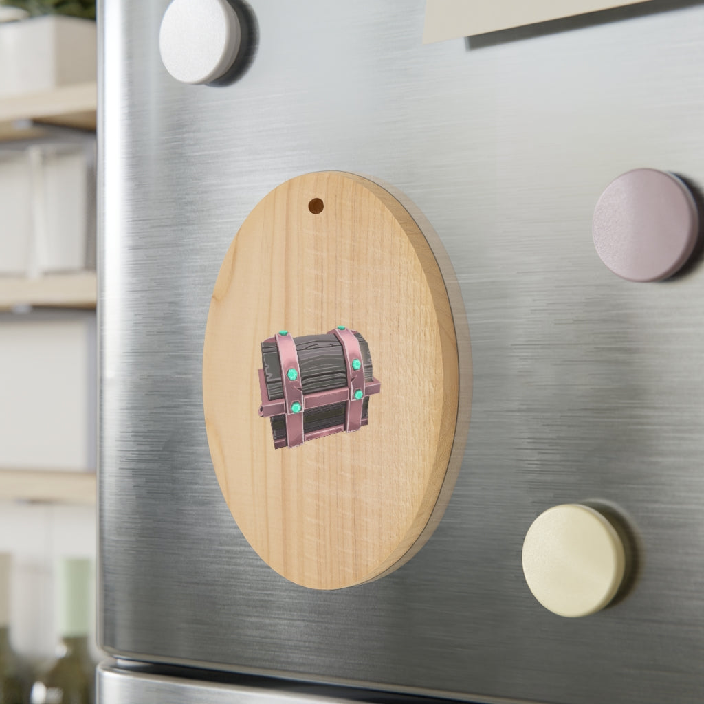 Hand-painted wooden Christmas ornaments in whimsical shapes with red ribbons, showcasing a rustic design and magnetic backs.