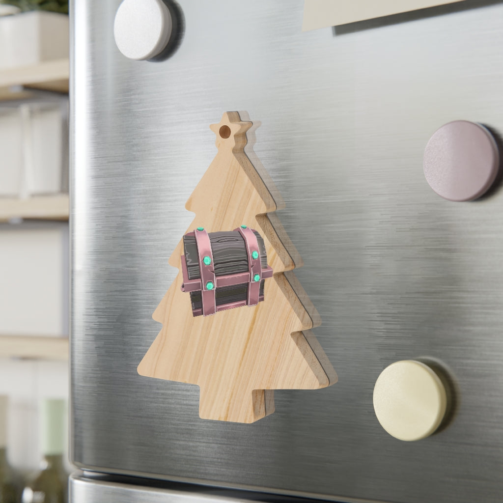 Hand-painted wooden Christmas ornaments in whimsical shapes with red ribbons, showcasing a rustic design and magnetic backs.