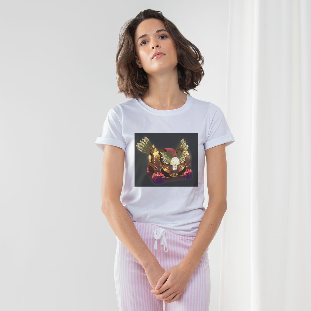 Hand-Painted Chest Women's Long Pant Pyjama Set featuring a white t-shirt, striped pants, and matching drawcord bag in Heather Grey or Light Pink.