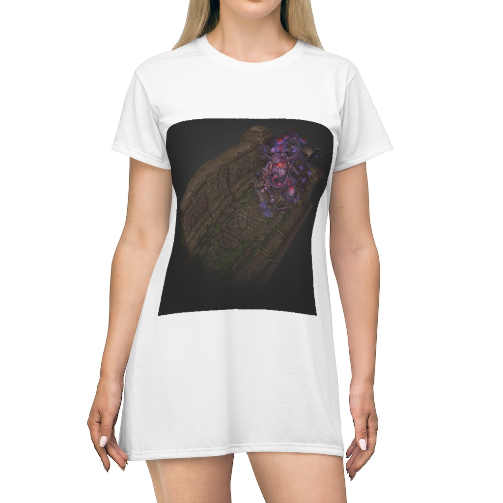 Hand-Painted Dungeon All Over Print T-Shirt Dress featuring vibrant dungeon-themed artwork on a lightweight fabric.