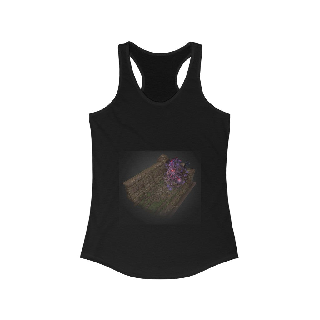 A stylish hand-painted dungeon art women's racerback tank top featuring a slim fit design, perfect for casual and active wear.