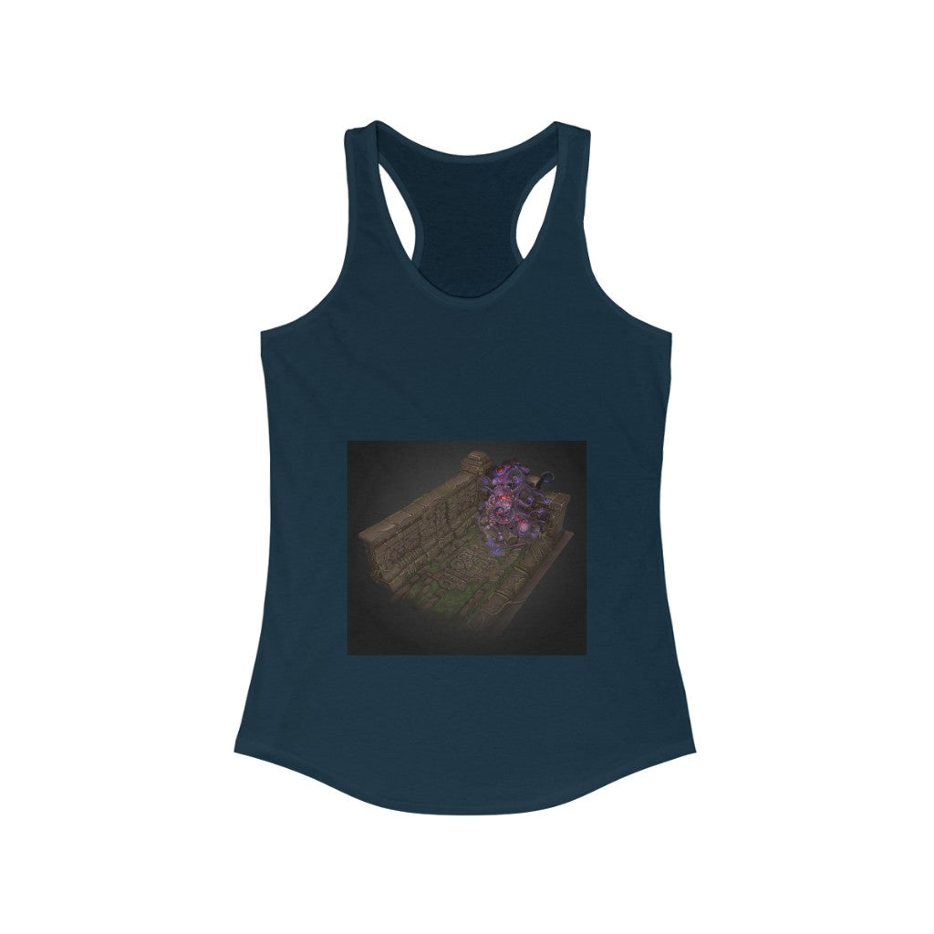 A stylish hand-painted dungeon art women's racerback tank top featuring a slim fit design, perfect for casual and active wear.