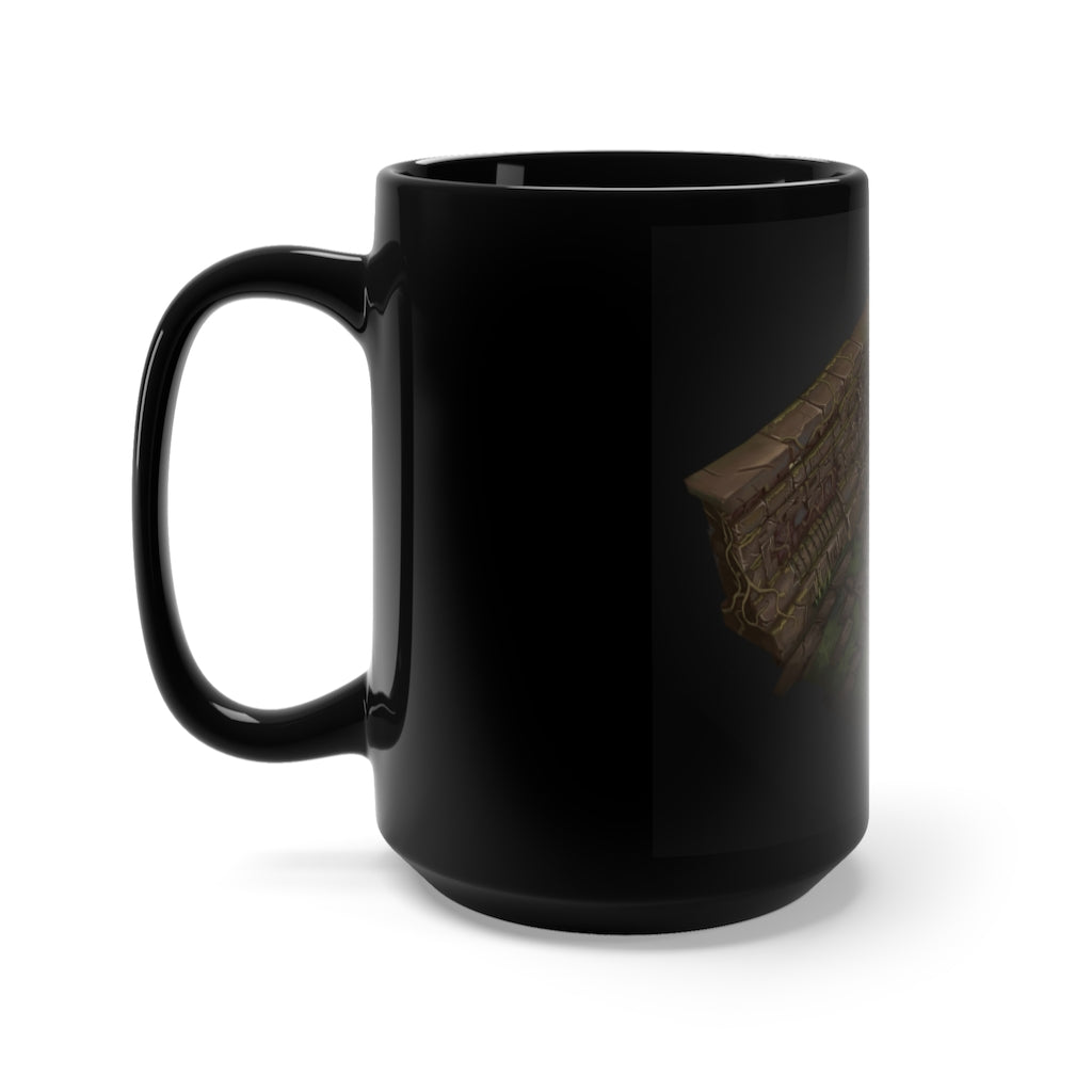 Hand-painted black ceramic mug with unique environment art design, featuring a C-handle and rounded corners, perfect for coffee or tea.