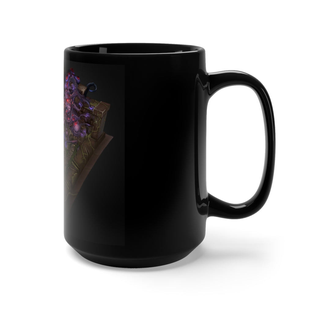 Hand-painted black ceramic mug with unique environment art design, featuring a C-handle and rounded corners, perfect for coffee or tea.