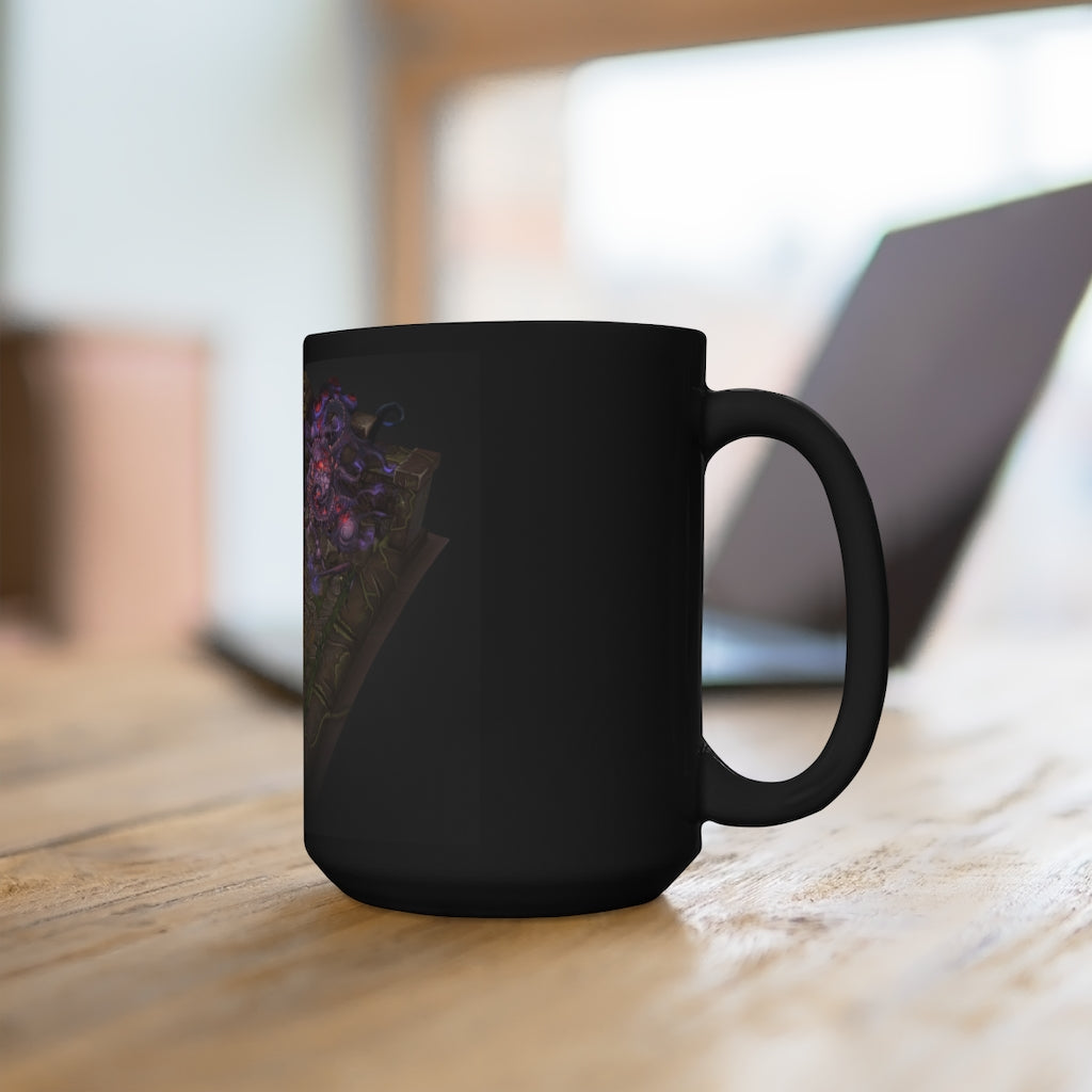 Hand-painted black ceramic mug with unique environment art design, featuring a C-handle and rounded corners, perfect for coffee or tea.