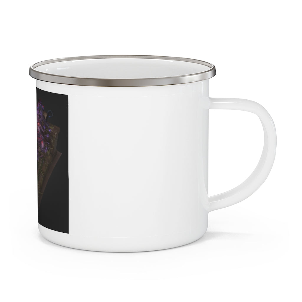 A hand-painted enamel camping mug featuring vibrant colors and a unique design, perfect for outdoor adventures.