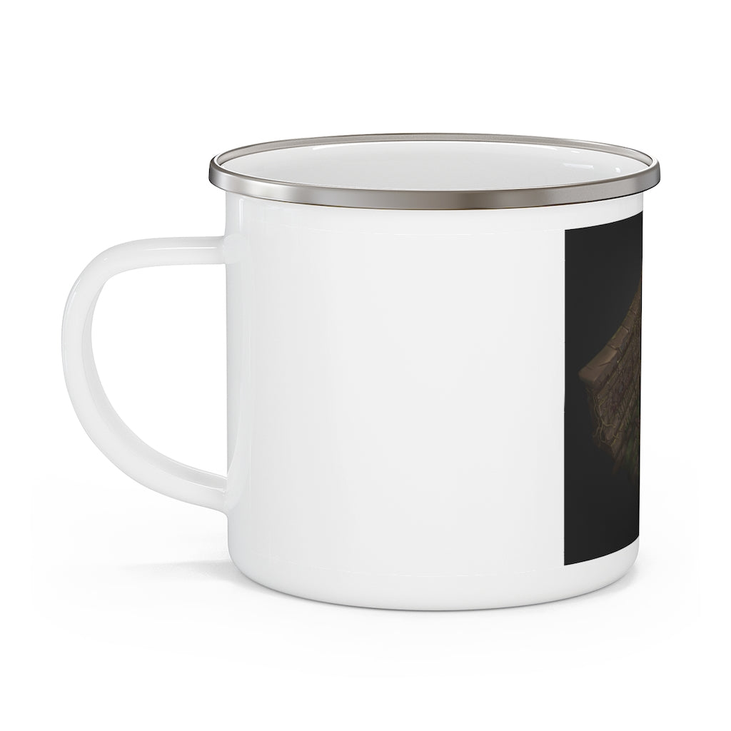 A hand-painted enamel camping mug featuring vibrant colors and a unique design, perfect for outdoor adventures.