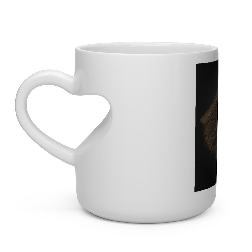 A hand-painted heart-shaped mug with a white ceramic finish and a unique heart-shaped handle, perfect for hot beverages.