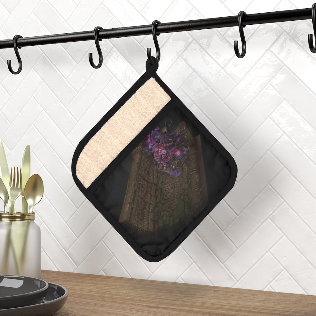 Hand-painted pot holder with pocket, featuring a black cotton hanging loop, measuring 9x9 inches, designed for heat resistance up to 400F.