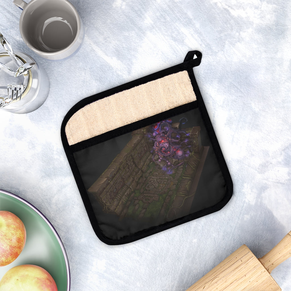 Hand-painted pot holder with pocket, featuring a black cotton hanging loop, measuring 9x9 inches, designed for heat resistance up to 400F.