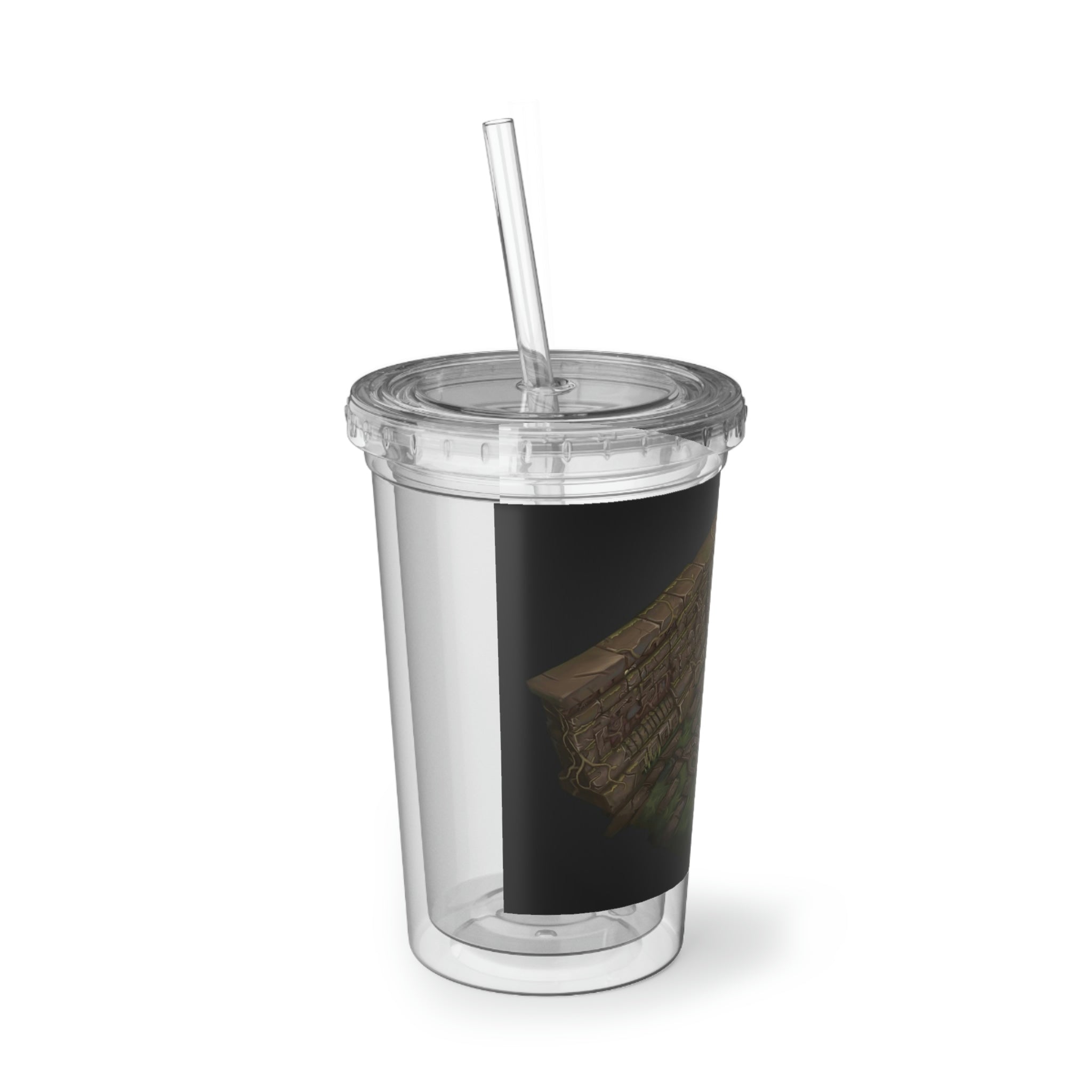 Hand-painted acrylic cup with double-wall insulation, featuring vibrant artwork, a plastic lid, and a straw, perfect for hot and cold beverages.