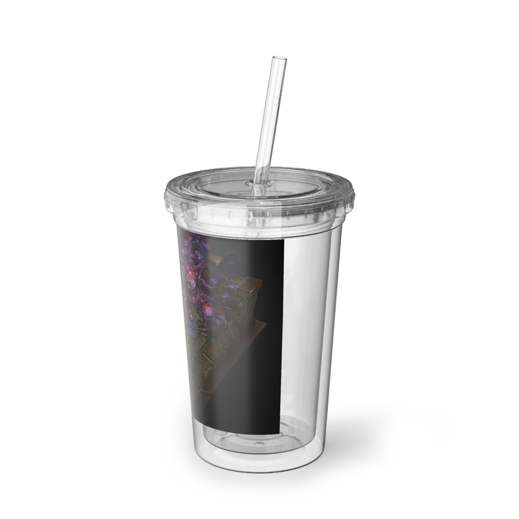 Hand-painted acrylic cup with double-wall insulation, featuring vibrant artwork, a plastic lid, and a straw, perfect for hot and cold beverages.