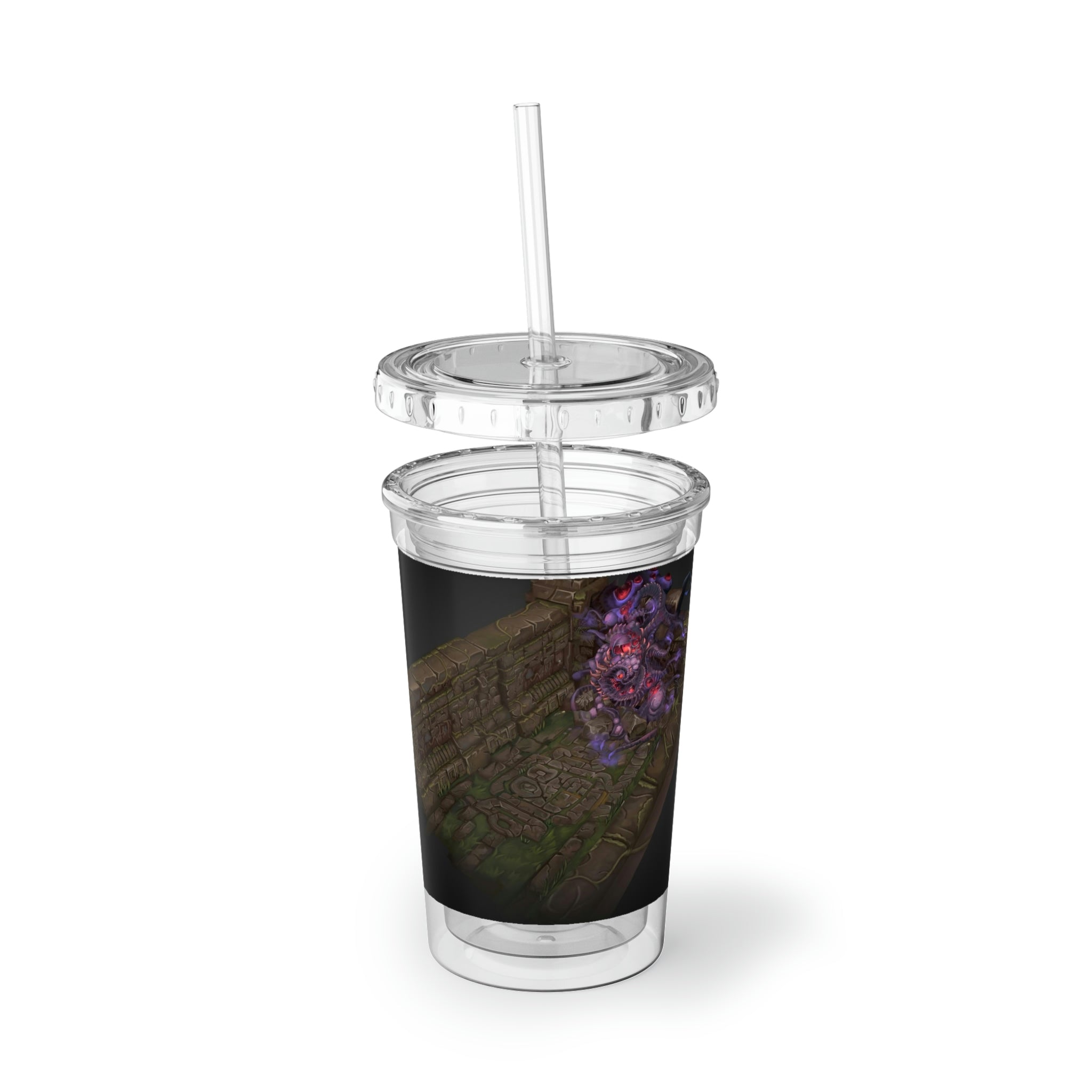 Hand-painted acrylic cup with double-wall insulation, featuring vibrant artwork, a plastic lid, and a straw, perfect for hot and cold beverages.