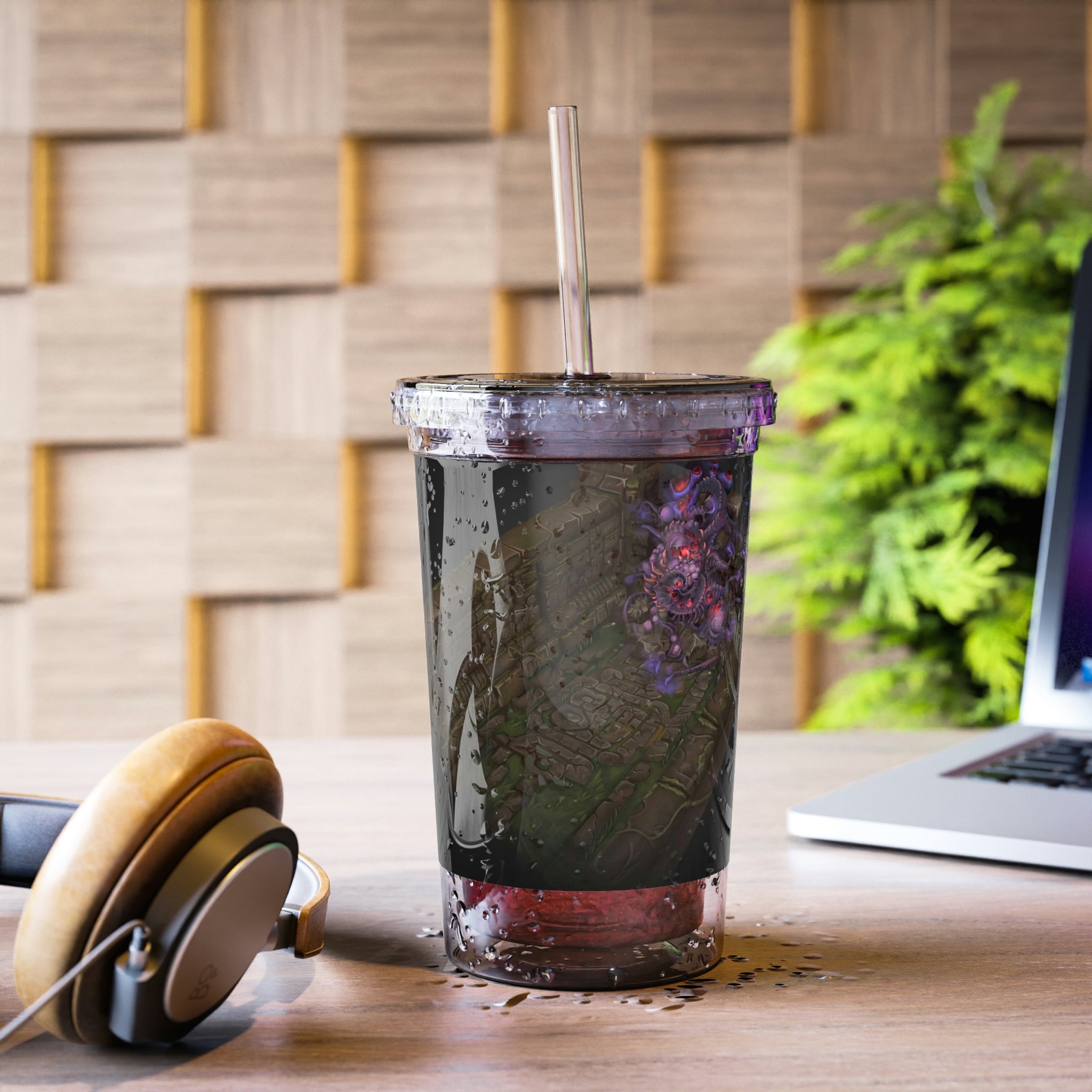 Hand-painted acrylic cup with double-wall insulation, featuring vibrant artwork, a plastic lid, and a straw, perfect for hot and cold beverages.