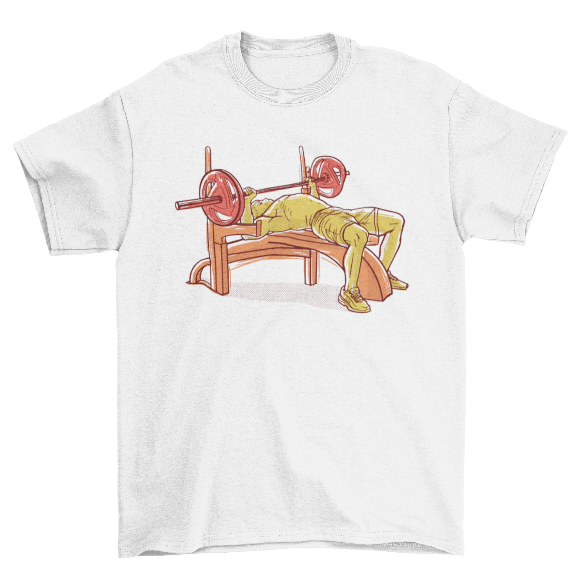 Hand-drawn t-shirt design featuring an athlete lifting weights on a bench press in warm colors.
