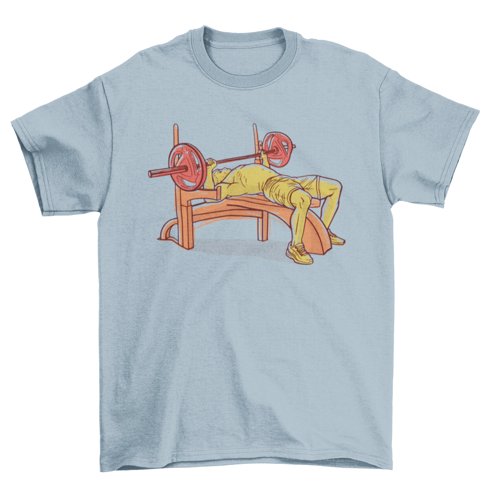 Hand-drawn t-shirt design featuring an athlete lifting weights on a bench press in warm colors.