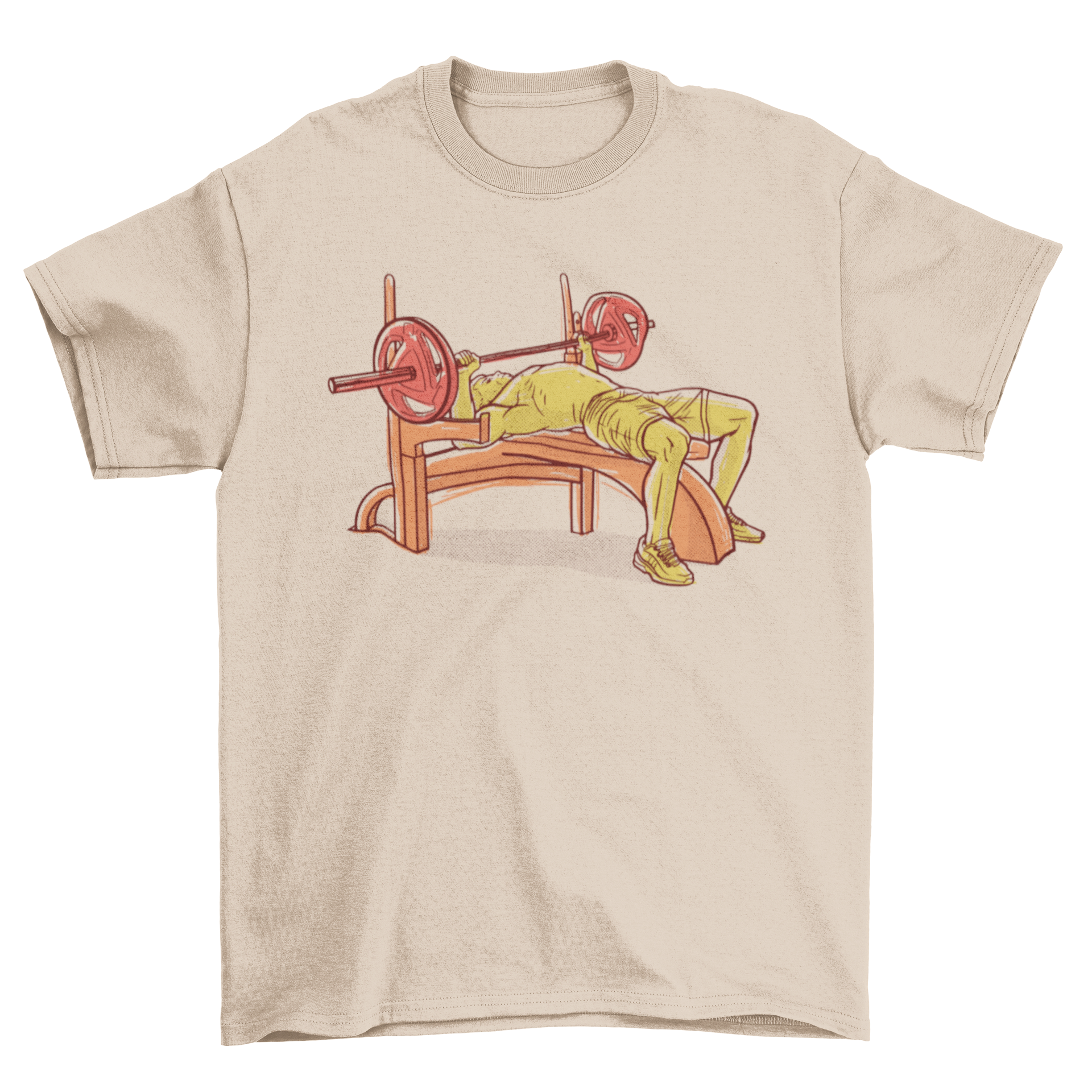 Hand-drawn t-shirt design featuring an athlete lifting weights on a bench press in warm colors.